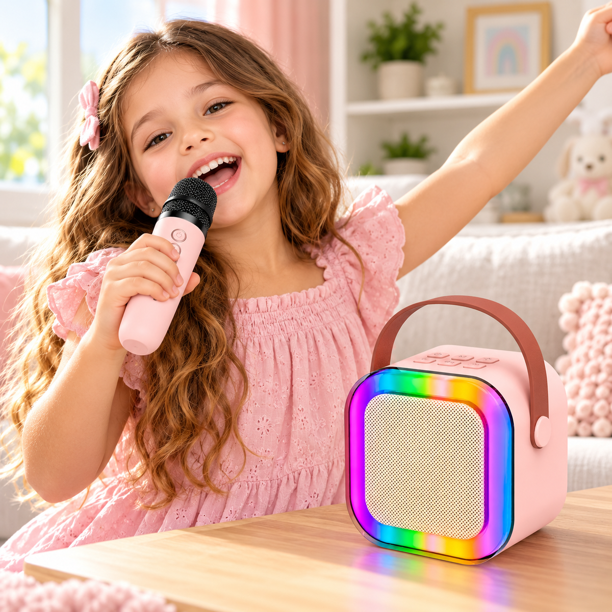 Micrófono Inalámbrico Infantil Karaoke K12 con Parlante Bluetooth, Luces LED RGB