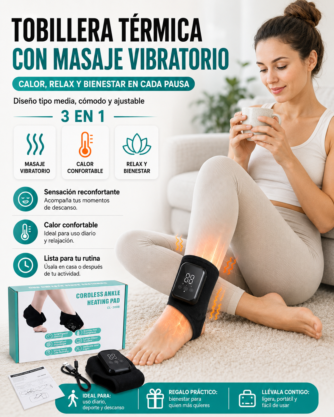 🔥 TOBILLERA TÉRMICA 3 EN 1 🔥 masaje vibratorio + calor + relajación