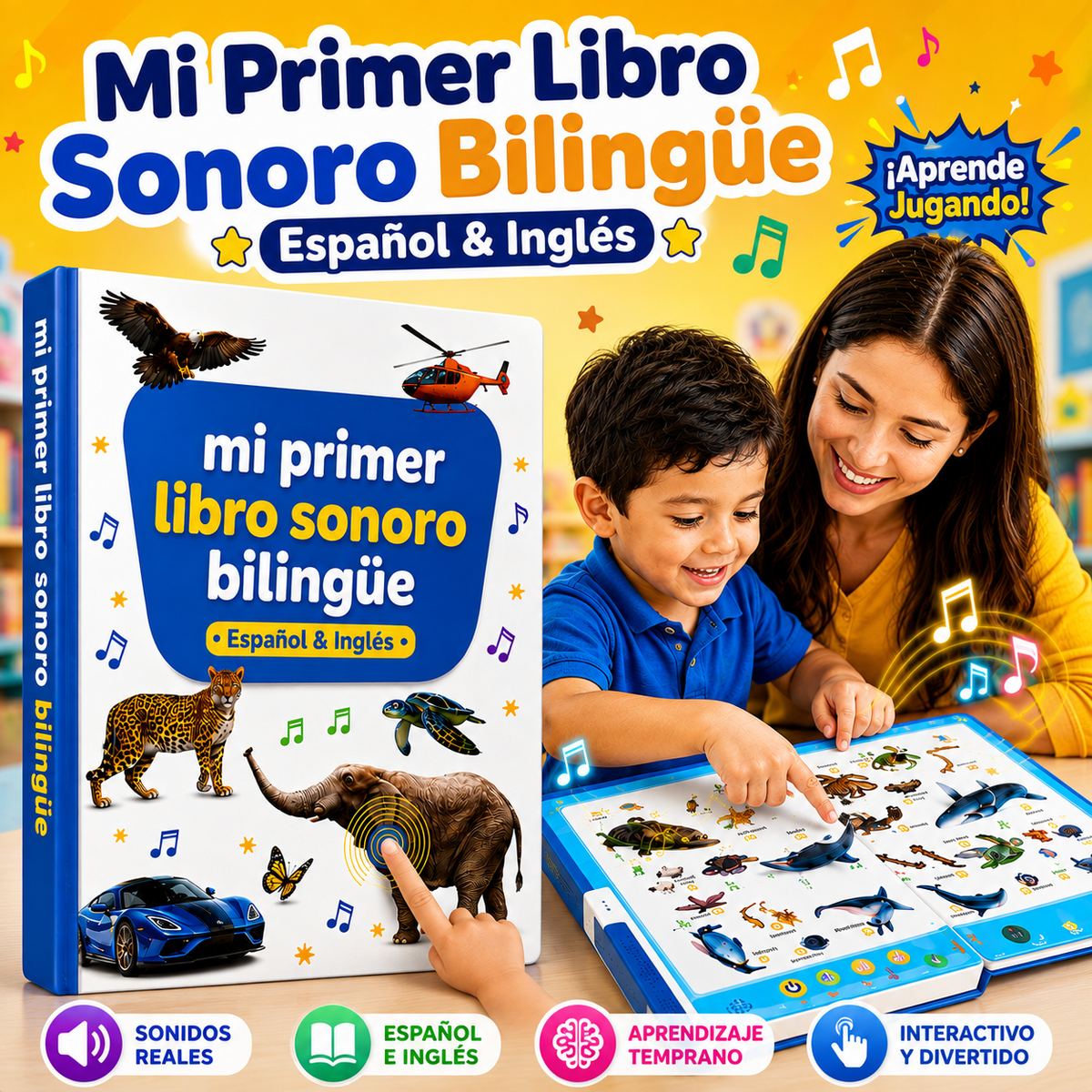 📘 PEQUEBILINGÜE™ – mi primer libro sonoro bilingüe para aprender español e inglés